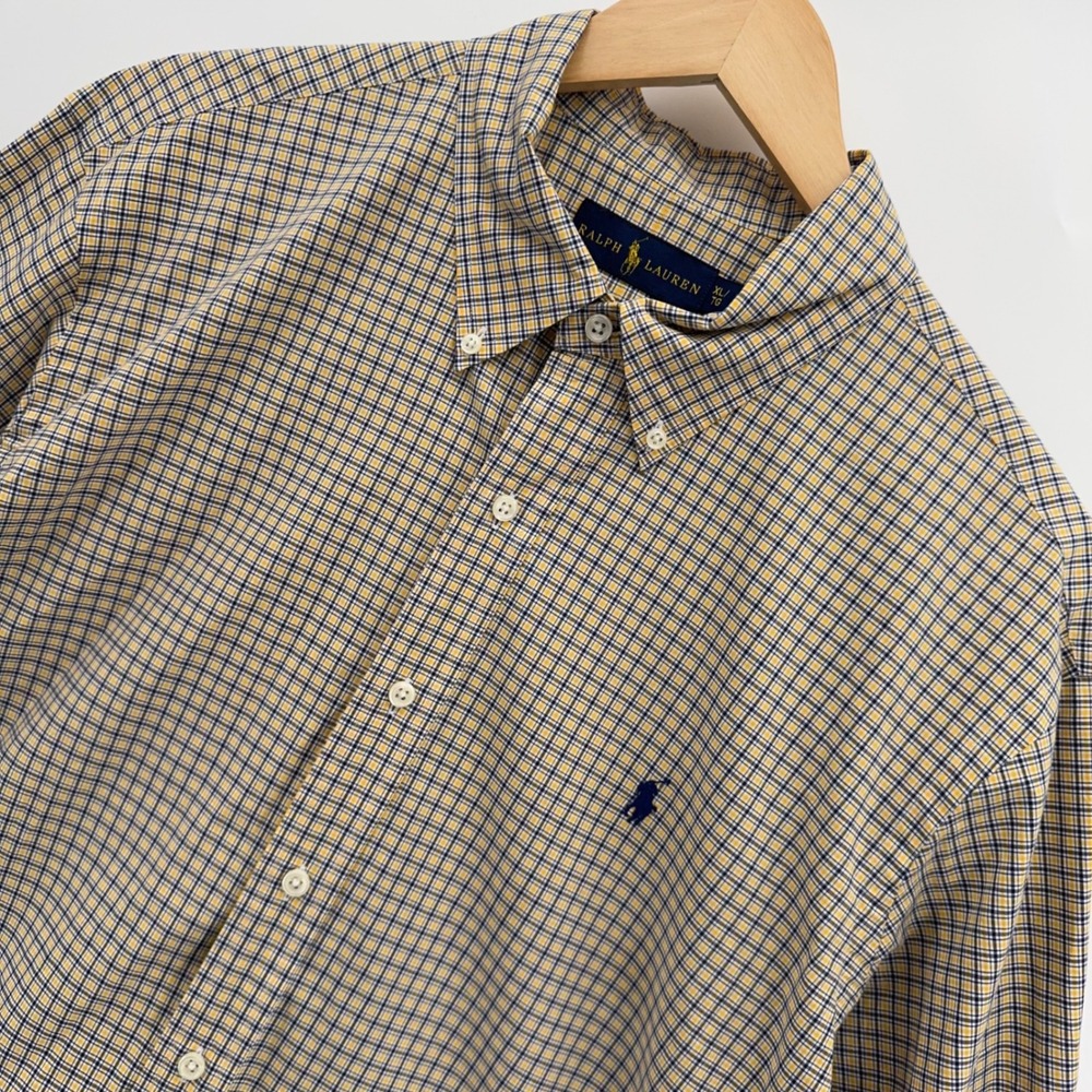 Ralph Lauren Plaid Button Down Check Men XL Yellow Blue Long Sleeve Cotton Shirt